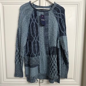 NWT Chaps Size XL Multi-Tone Blue Crew Neck Patchwork Sweater Knit Patterns
